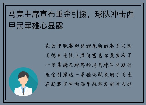 马竞主席宣布重金引援，球队冲击西甲冠军雄心显露