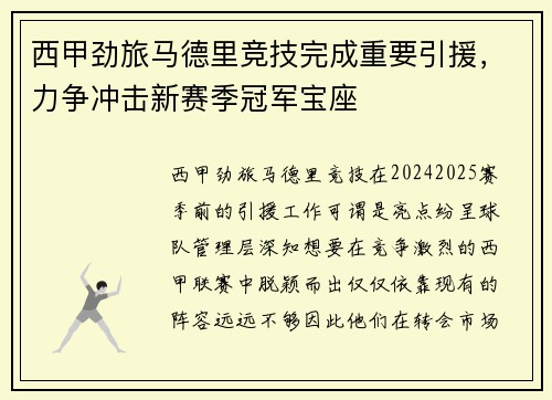 西甲劲旅马德里竞技完成重要引援，力争冲击新赛季冠军宝座