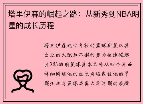 塔里伊森的崛起之路：从新秀到NBA明星的成长历程